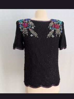 Vintage Leslie Fay Eveming Black Short-Sleeve Beaded Floral Top